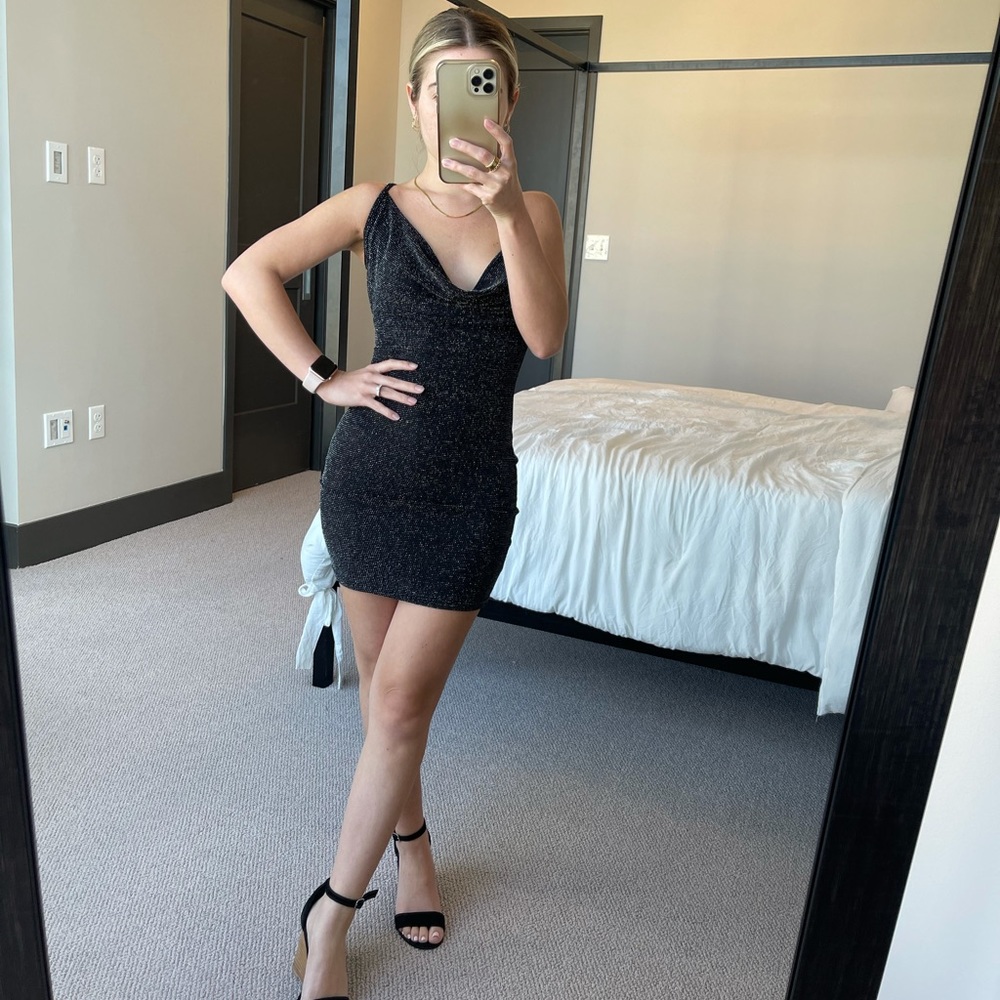 pretty little thing back cowl neck sparkly dress